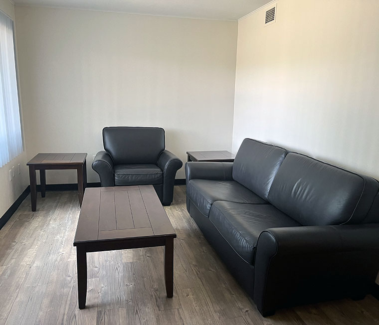 Furnished living room at main entrance of apartment.