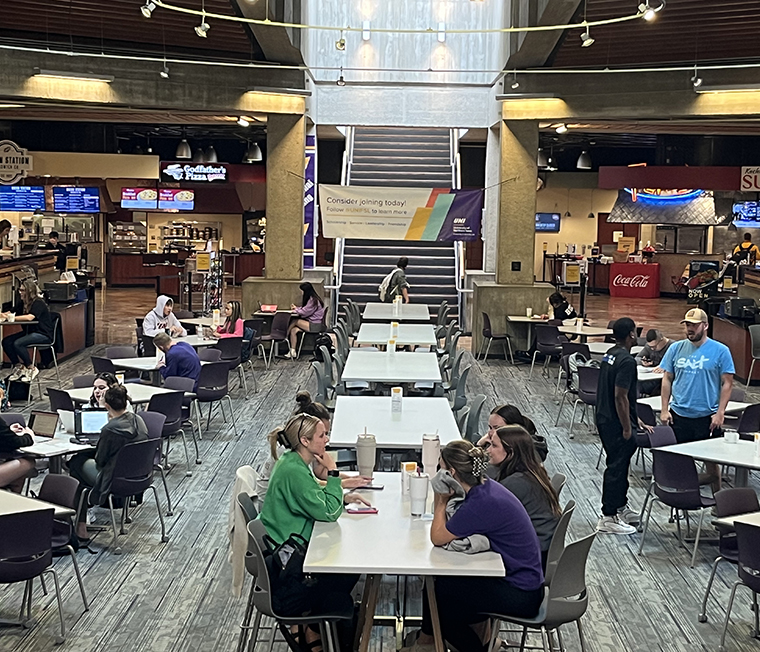 Seating options available in the coffeehouse adjacent to the food court