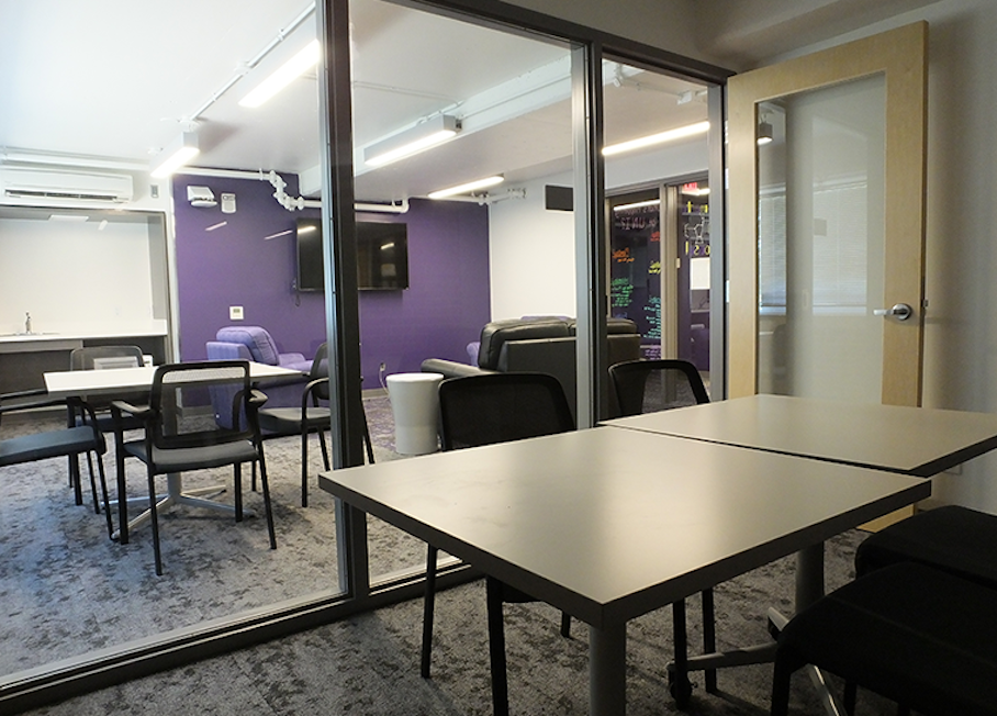 Lounges include private meeting/study spaces connected to the community space